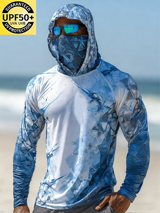 Men's Outdoor Sun Protection Breathable Cool Face Mask Hooded Printed Long-Sleeved Top