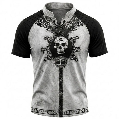 Men's Nordic Skull Print Lace-Up Henley T-Shirt - Distressed Beige Raglan Short Sleeve Top