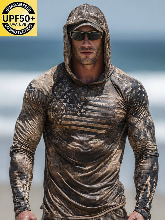 Men's Outdoor Sun Protection Breathable Cool Face Mask Hooded Printed Long-Sleeved Top