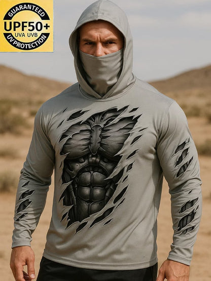 Men's Outdoor Sun Protection Breathable Cool Real 3D Printed Mask Hooded Sun Protection Long-Sleeved Top