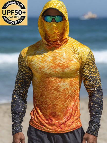 Men's Outdoor Sun Protection Breathable Cool Face Mask Hooded Printed Long-Sleeved Top