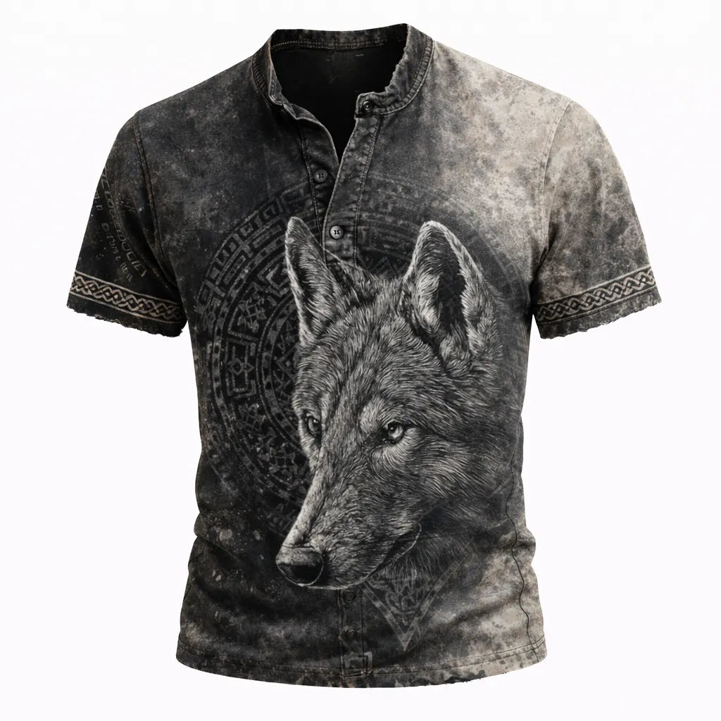 Men's Wolf Graphic Henley T-Shirt - Distressed Grey Short Sleeve Band Collar Top
