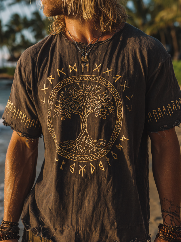 Men's Vintage Viking Distressed Tree Of Life & Rune Design Linen Shirt