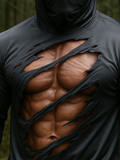 Men's Outdoor Sun Protection Breathable Cool Real 3D Printed Mask Hooded Sun Protection Long-Sleeved Top