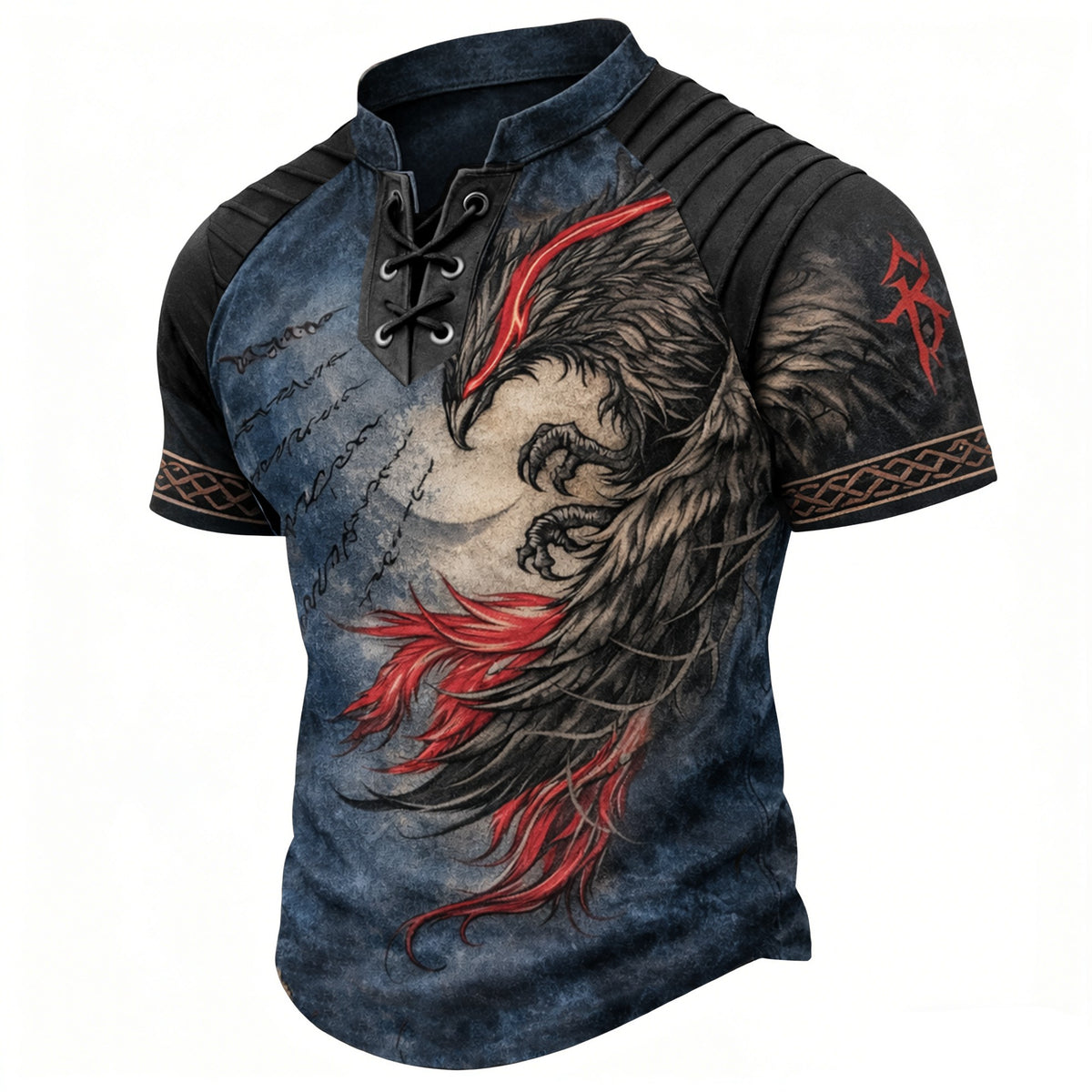 Men's Vintage Phoenix Graphic Lace-Up T-Shirt - Stand Collar Short Sleeve Top