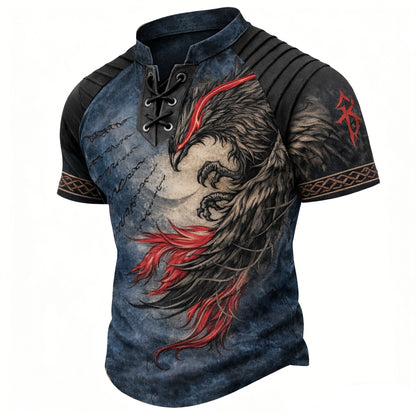 Men's Vintage Phoenix Graphic Lace-Up T-Shirt - Stand Collar Short Sleeve Top