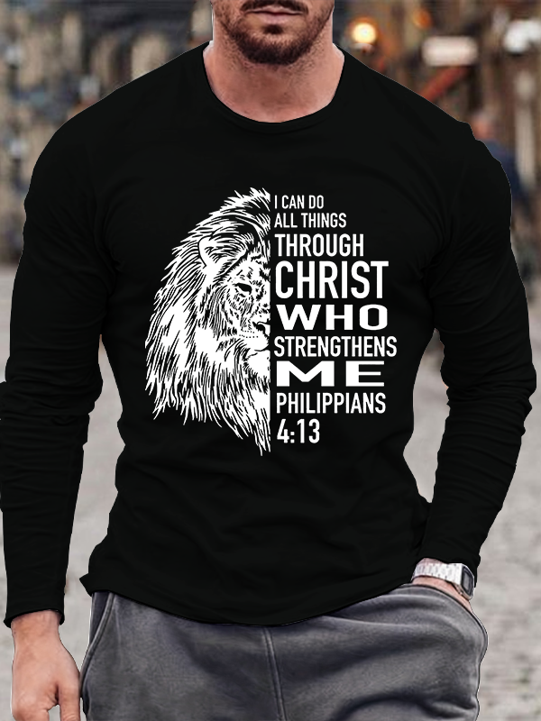 Philippians 4:13 Verse Lion I Can Do All Things Through Christ Christian Cotton Long Sleeve T-Shirt