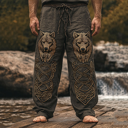 Men's Vintage Viking Wolf Linen Blend Wide Leg Pants