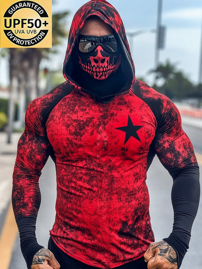 Men's Outdoor Sun Protection Breathable Cool Mask American Flag Print Hooded Sun Protection Long Sleeve Top