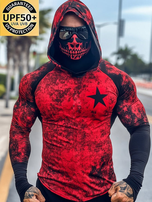 Men's Outdoor Sun Protection Breathable Cool Mask American Flag Print Hooded Sun Protection Long Sleeve Top