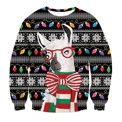 Unisex Llama With Glasses Print Crew Neck Ugly Christmas Sweatshirt