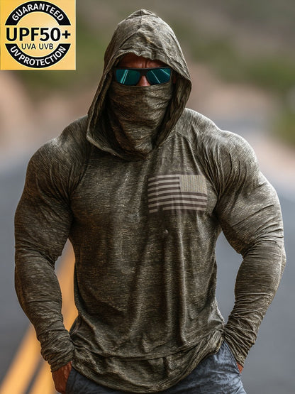 Men's Retro Flag Logo Outdoor Sun Protection Breathable Cooling Mask Hooded Sun Protection Long Sleeve Top