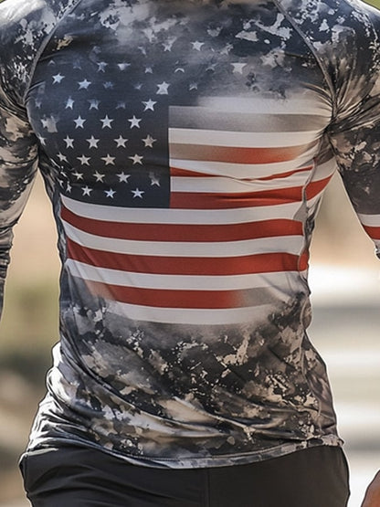 Men's Outdoor Sun Protection Breathable Cool Mask American Flag Print Hooded Sun Protection Long Sleeve Top