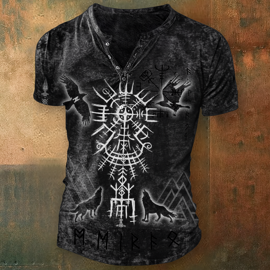Viking Nordic Vegvísir Wolf&Raven Digital Unisex Casual Short-Sleeve Henley Shirt