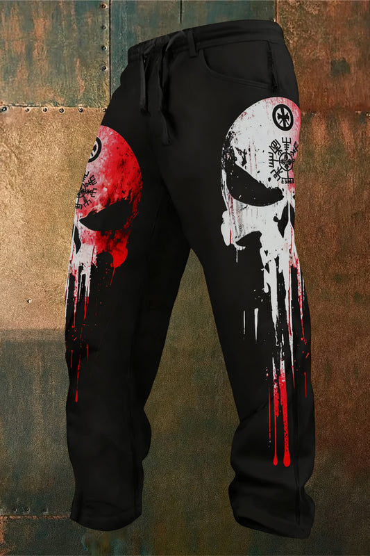 Viking Skull Retro Rune Totem Blood Print Trousers