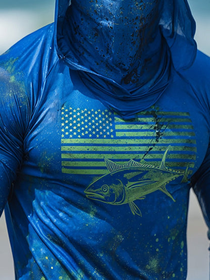 Men's Outdoor Sun Protection Breathable Cool Face Mask Hooded Printed Long-Sleeved Top