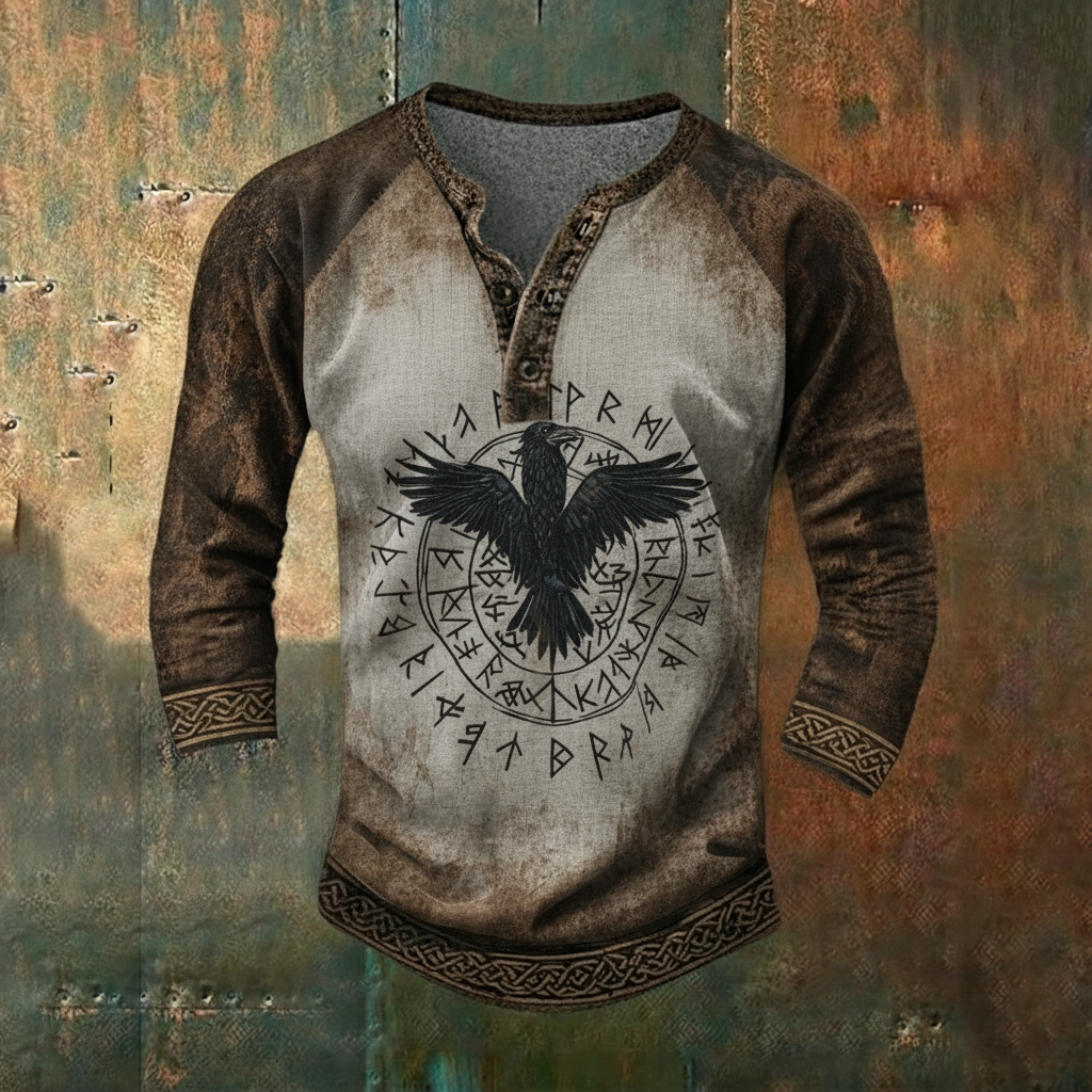 Viking Vegvísir Nordic Raven Celtic Knot Casual Long-Sleeve Henley Shirt