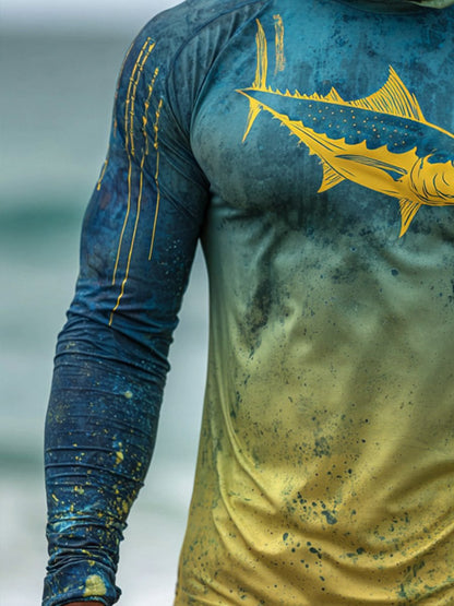 Men's Outdoor Sun Protection Breathable Cool Face Mask Hooded Printed Long-Sleeved Top