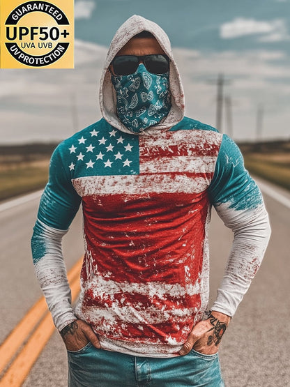 Men's Outdoor Sun Protection Breathable Cool Mask American Flag Print Hooded Sun Protection Long Sleeve Top