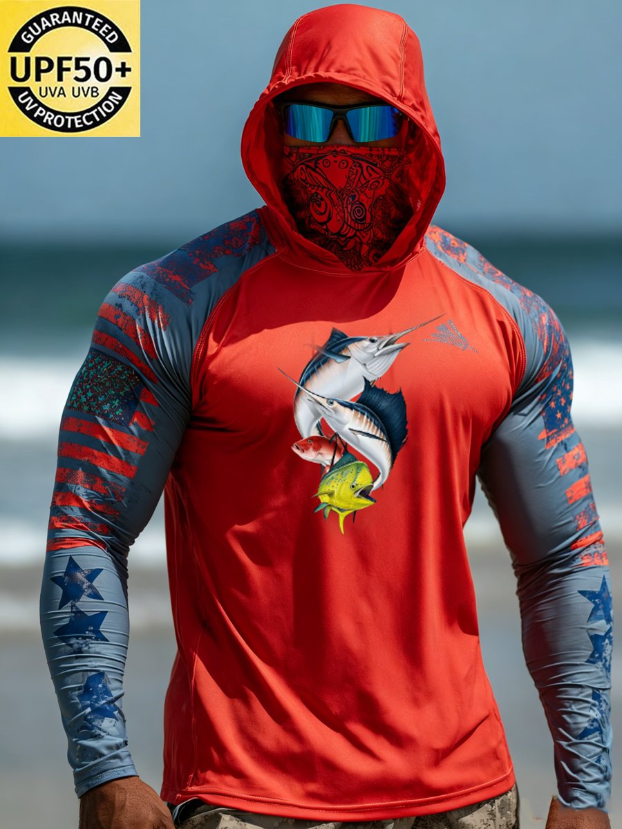 Men's Outdoor Sun Protection Breathable Cool Face Mask Hooded Printed Long-Sleeved Top