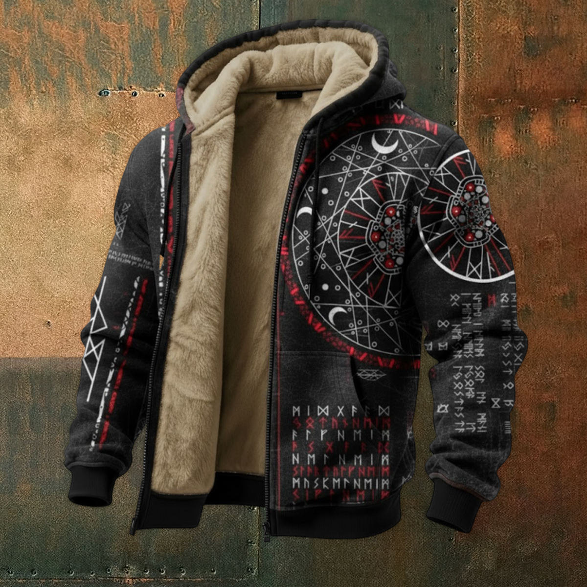 Nordic Viking Style Retro Vegvísir Rune Casual Long-Sleeve Warm Fleece Hoodie