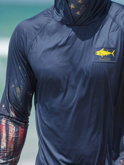 Men's Outdoor Sun Protection Breathable Cool Face Mask Hooded Printed Long-Sleeved Top