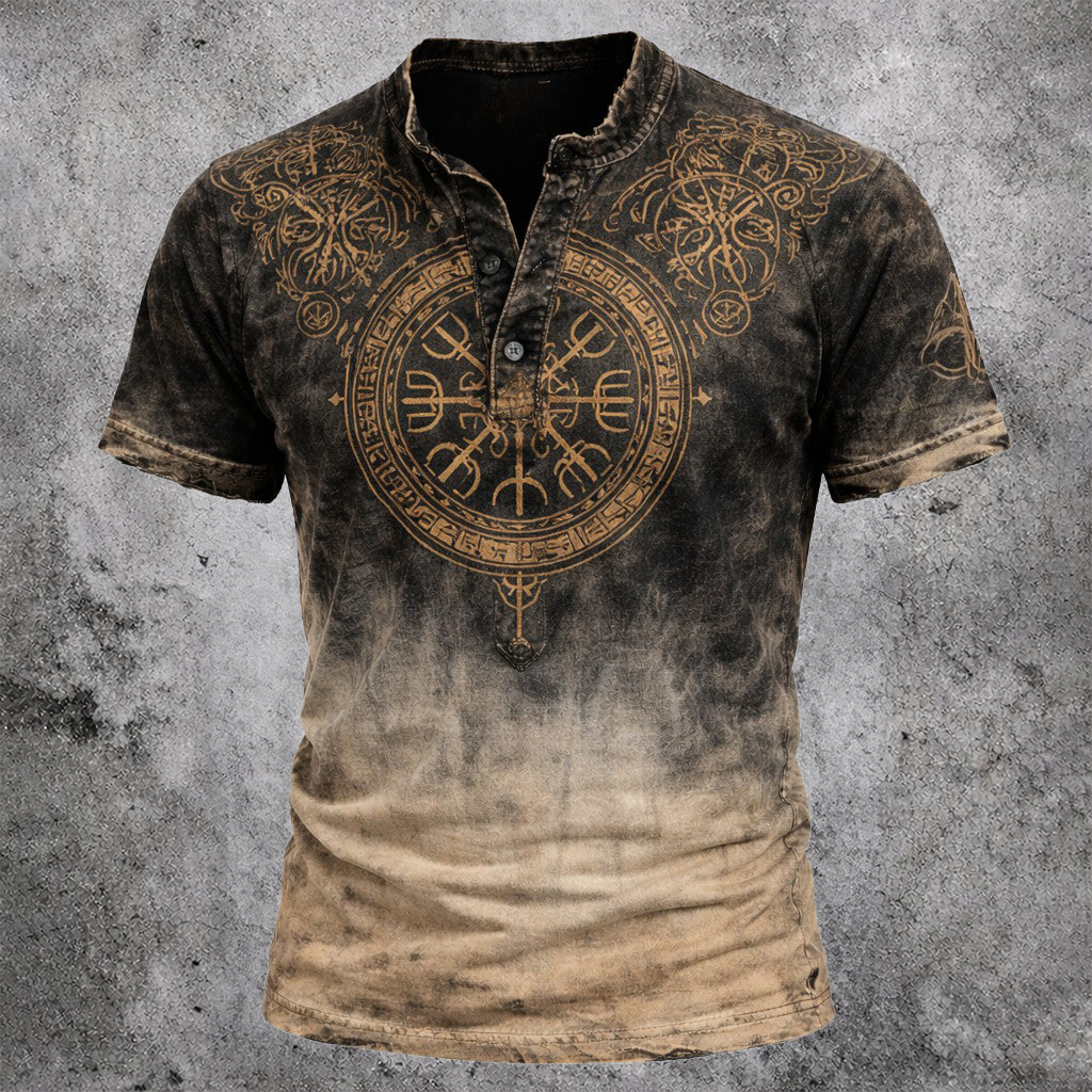 Men's Distressed Ombre Graphic Print Short Sleeve Henley Shirt - Vintage Casual Button Placket Tee