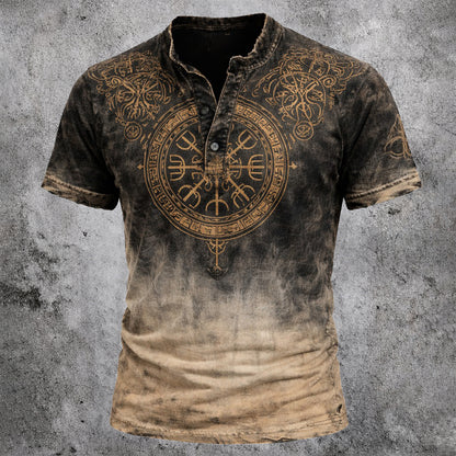 Men's Distressed Ombre Graphic Print Short Sleeve Henley Shirt - Vintage Casual Button Placket Tee