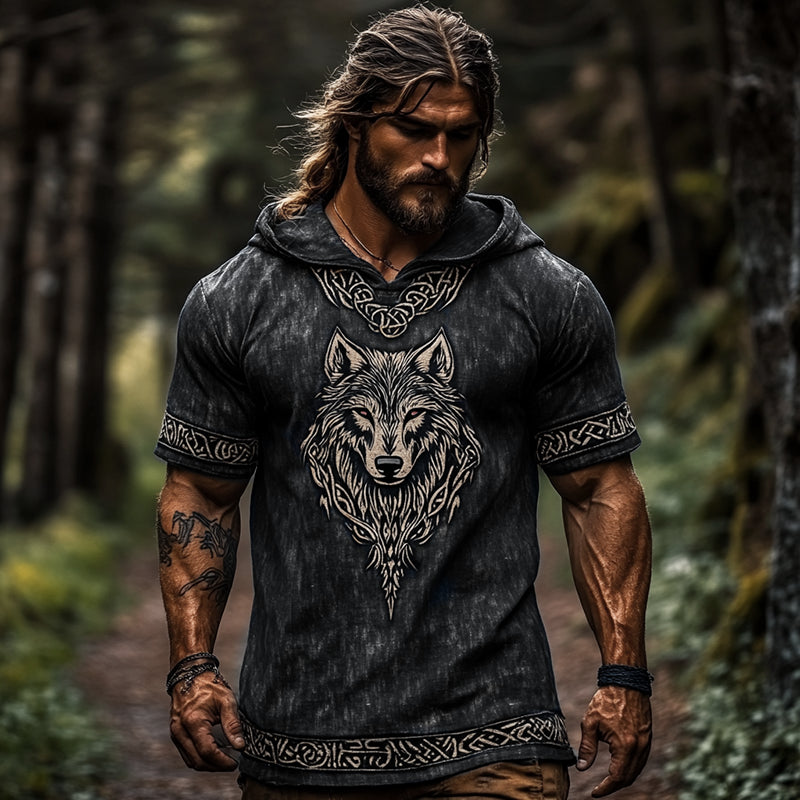 Men's Viking Tribal Celtic Knot Art Wolf Pattern Vintage Print Short Sleeve Hoodie