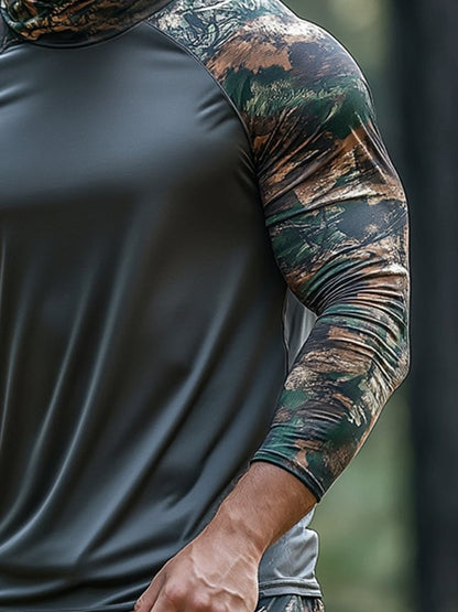 Men's Outdoor Sun Protection Breathable Cool Hunting Camouflage Mask Hooded Sun Protection Long-Sleeved Top