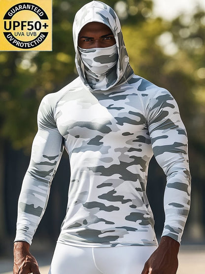 Men's Outdoor Sun Protection Breathable Cool Hunting Camouflage Mask Hooded Sun Protection Long-Sleeved Top