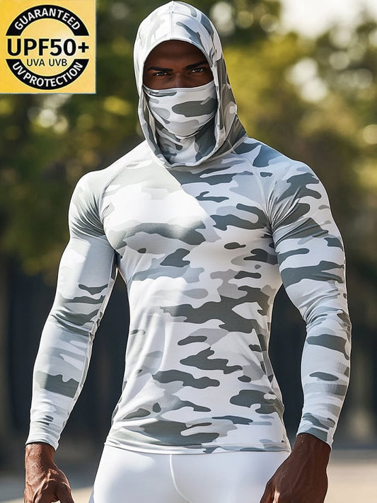 Men's Outdoor Sun Protection Breathable Cool Hunting Camouflage Mask Hooded Sun Protection Long-Sleeved Top