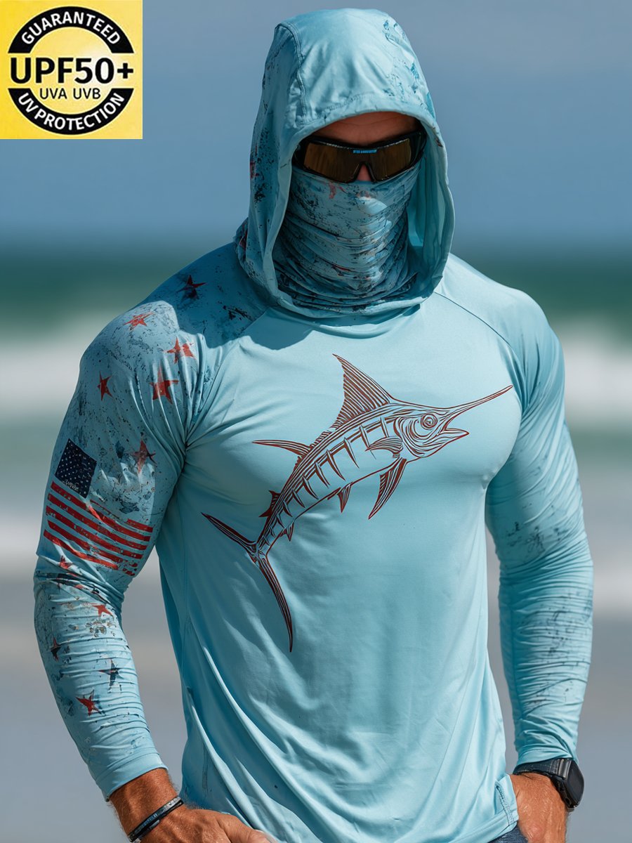 Men's Outdoor Sun Protection Breathable Cool Face Mask Hooded Printed Long-Sleeved Top