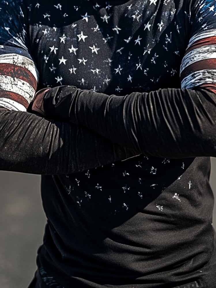 Men's Outdoor Sun Protection Breathable Cool Mask American Flag Print Hooded Sun Protection Long Sleeve Top