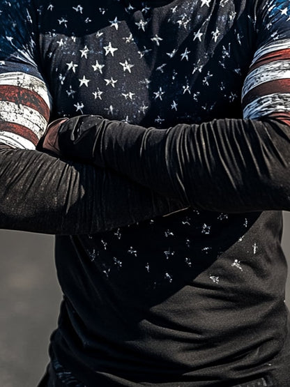 Men's Outdoor Sun Protection Breathable Cool Mask American Flag Print Hooded Sun Protection Long Sleeve Top