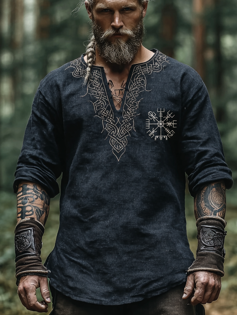 Men's Viking Style Vintage Rune Long-Sleeve Linen T-shirt