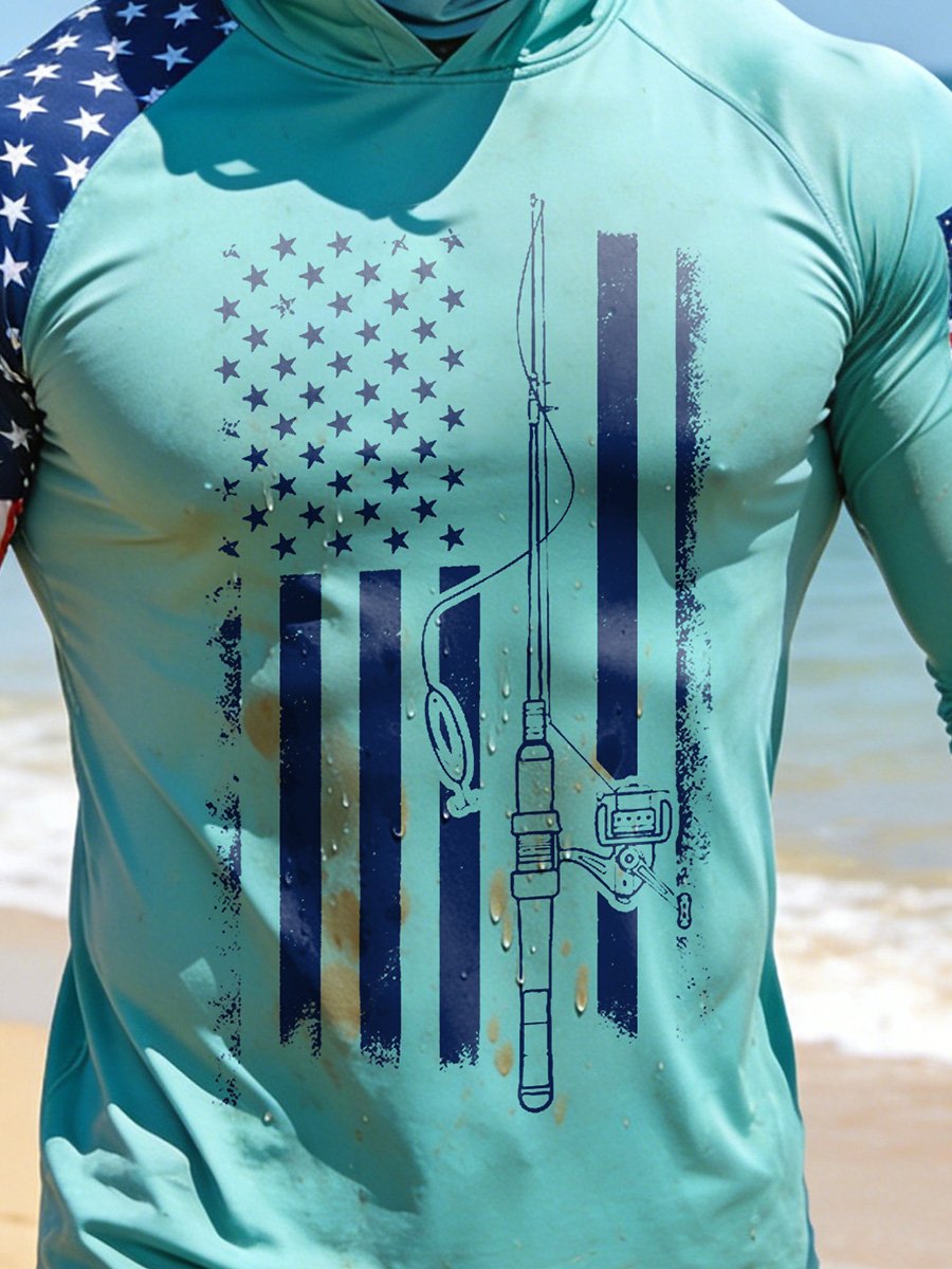 Men's Outdoor Sun Protection Breathable Cool Face Mask Hooded Printed Long-Sleeved Top