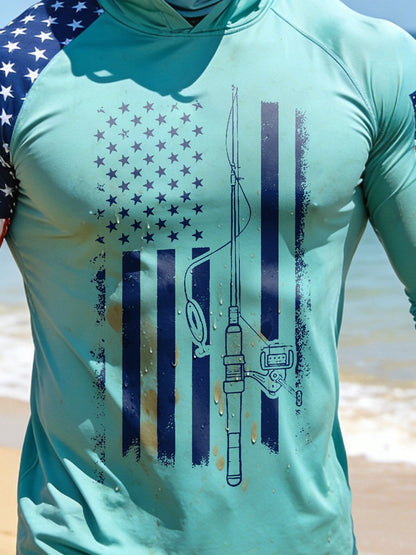 Men's Outdoor Sun Protection Breathable Cool Face Mask Hooded Printed Long-Sleeved Top