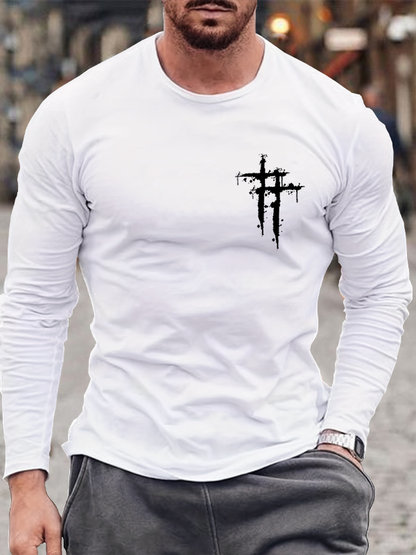 Men's Vintage Faith Print Cotton Long Sleeve T-Shirt