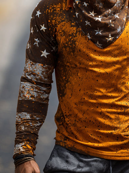Men's Retro Print Outdoor Sun Protection Breathable Cool Mask Hooded Sun Protection Long Sleeve Top