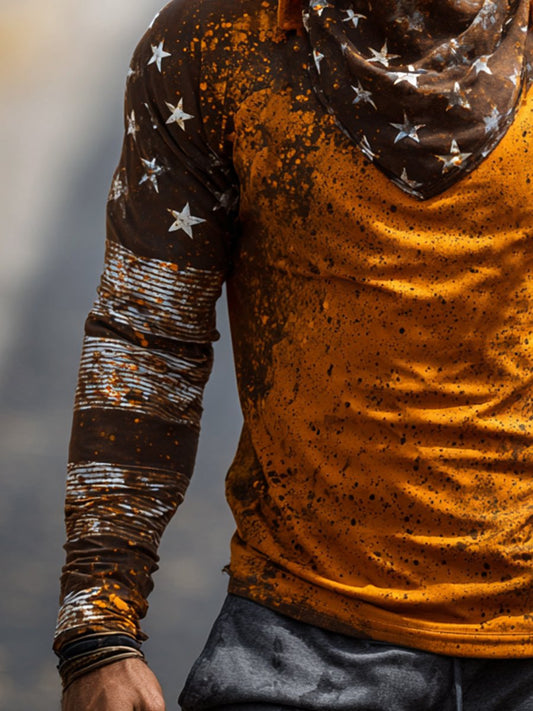 Men's Retro Print Outdoor Sun Protection Breathable Cool Mask Hooded Sun Protection Long Sleeve Top