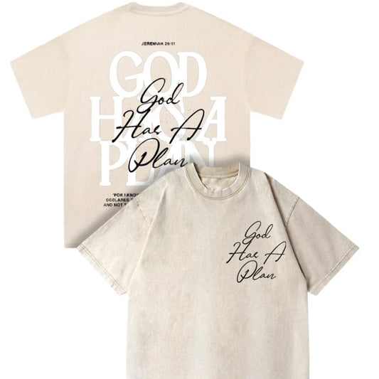 "God Has A Plan" Double Sided T-Shirt – Retro Washed Christian Letter Print, 230 GSM Cotton