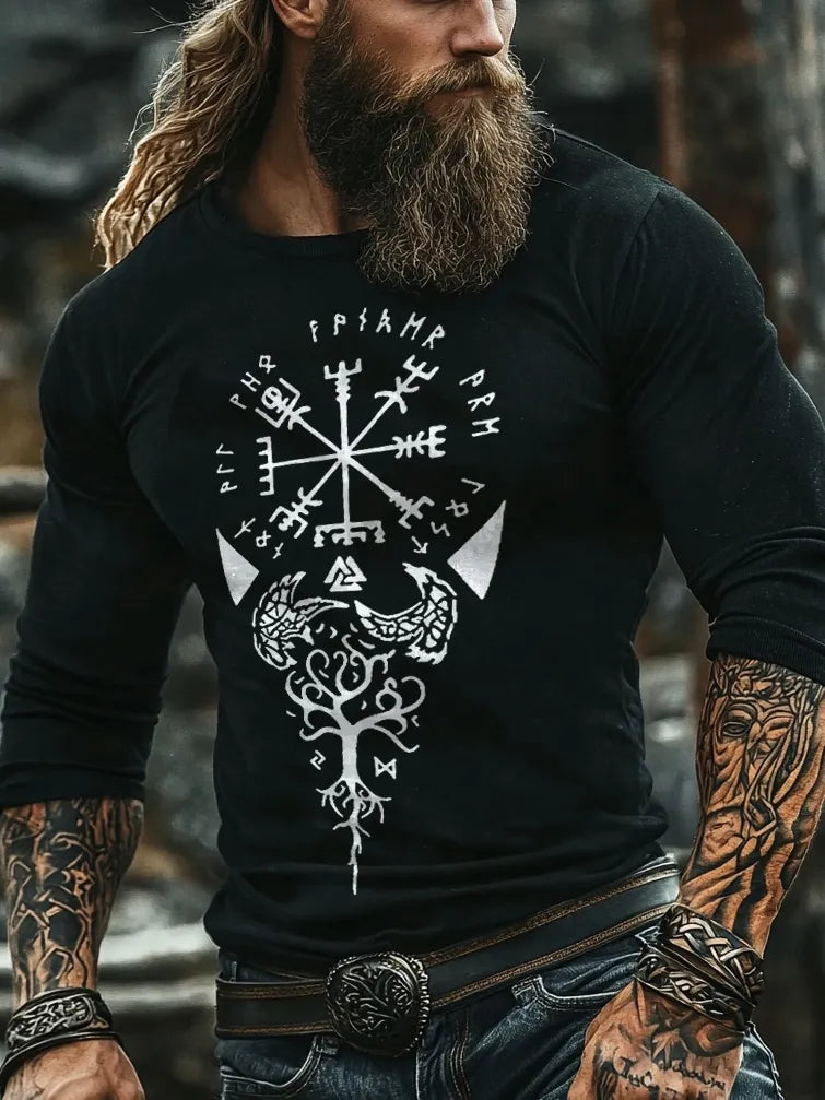 Viking Runestone Tablecloth Rune Compass Rune Design Print Henley Shirt Long Sleeve