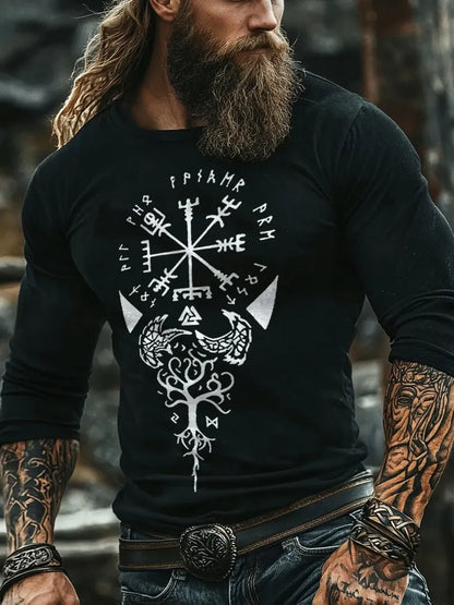 Viking Runestone Tablecloth Rune Compass Rune Design Print Henley Shirt Long Sleeve
