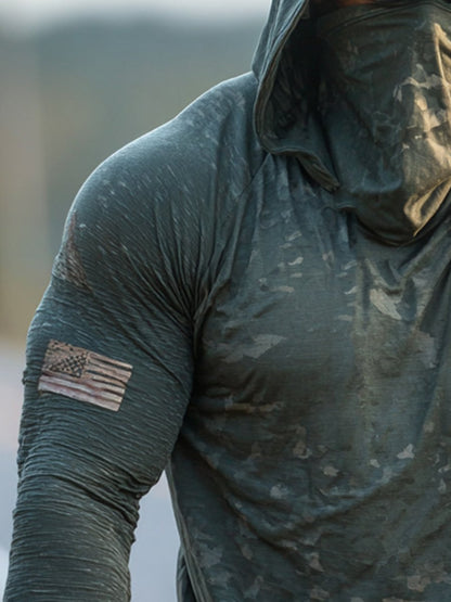 Men's Retro Army Green Flag Print Outdoor Sun Protection Breathable Cooling Mask Hooded Sun Protection Long Sleeve Top