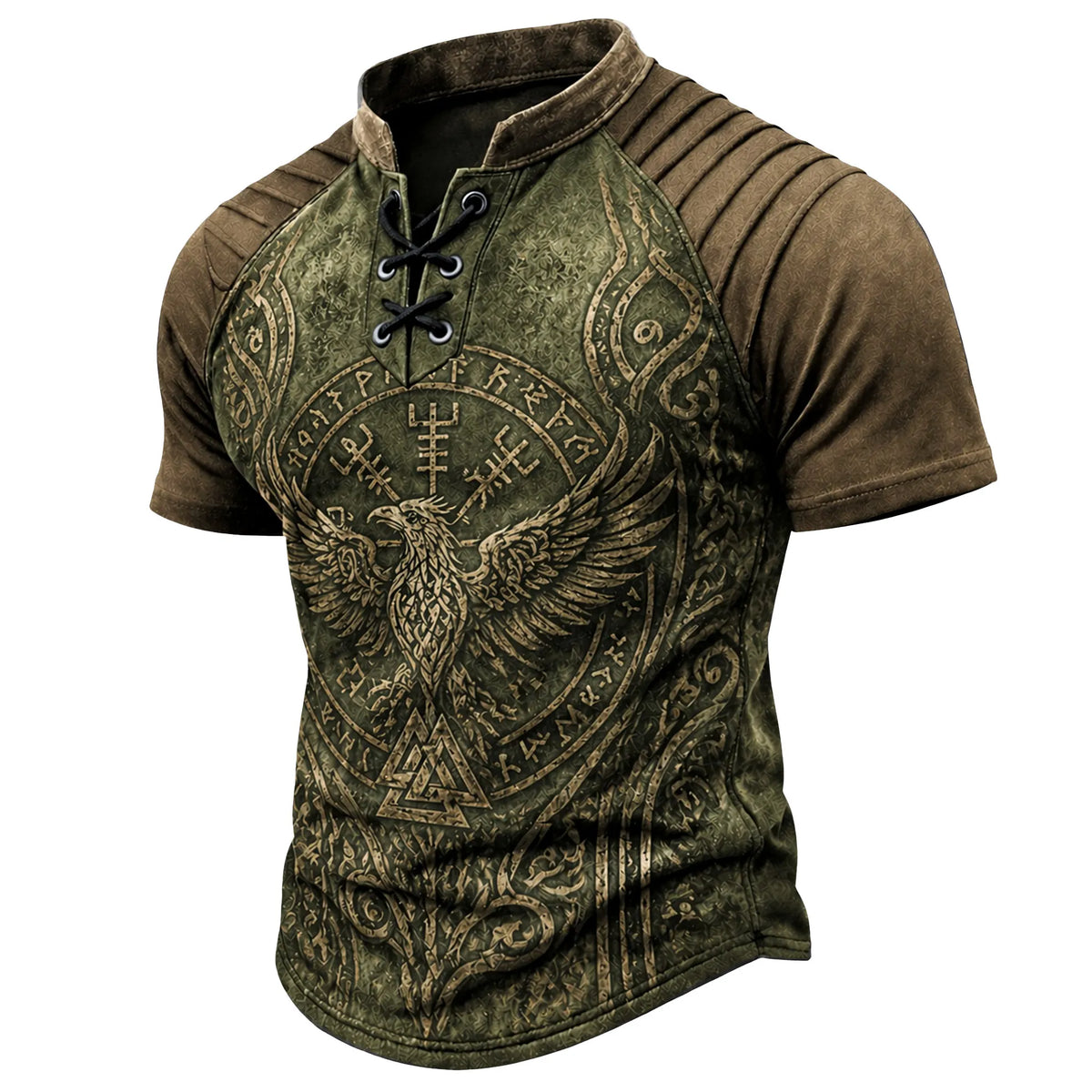 Men's Norse Viking Eagle Print Henley Shirt - Vintage Lace-Up Short Sleeve Tee