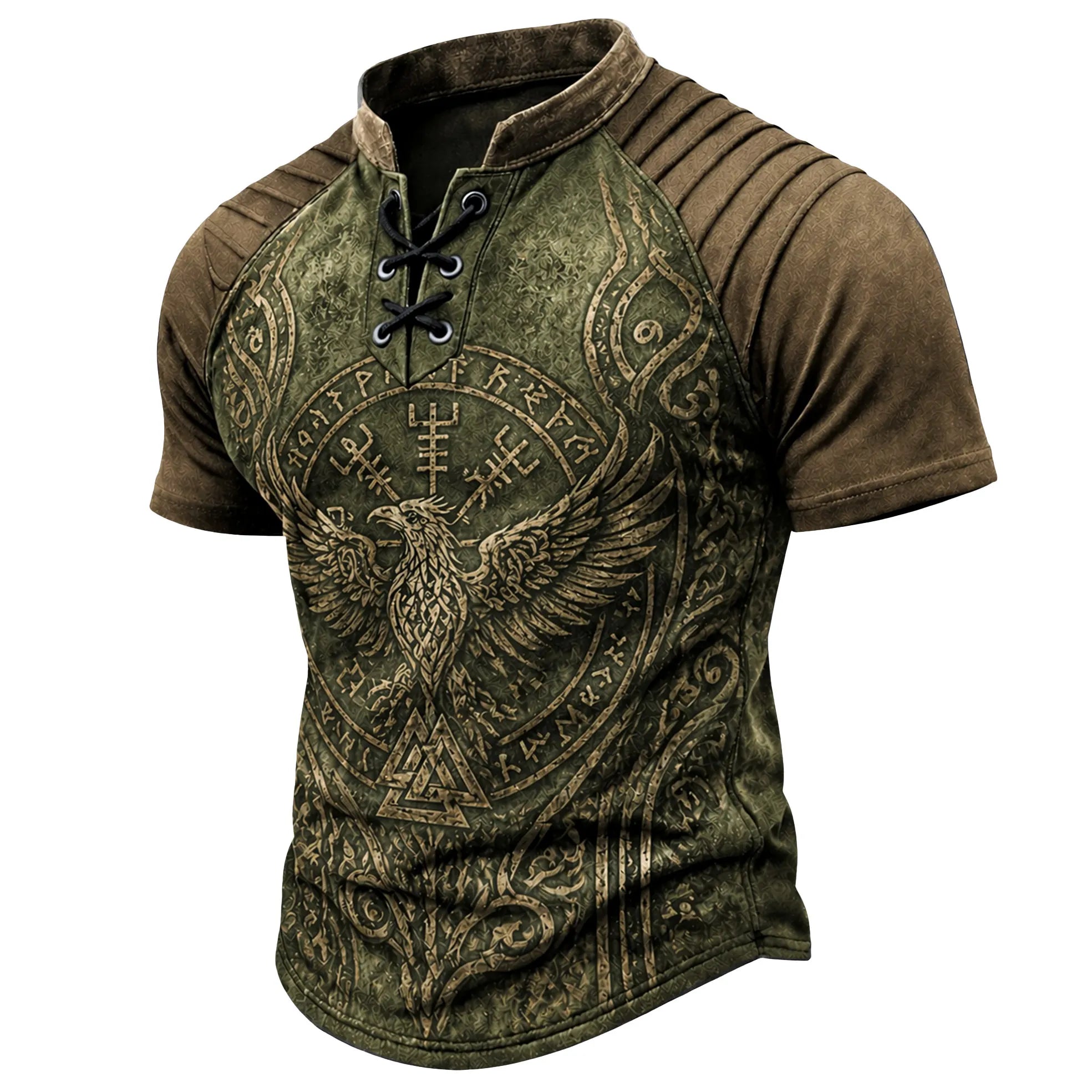 Men's Norse Viking Eagle Print Henley Shirt - Vintage Lace-Up Short Sleeve Tee