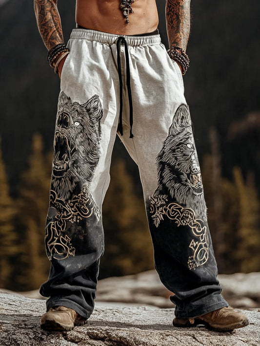 Wild-Style Forest Wolf & Celtic Knot Printed Cotton-Linen Pants