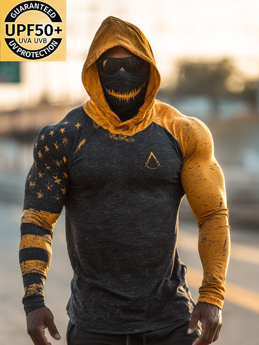 Men's Retro Logo Outdoor Sun Protection Breathable Cooling Mask Hooded Sun Protection Long Sleeve Top