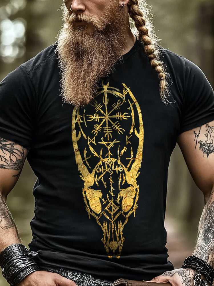 Viking mysterious totem compass sheep bone rune tattoo design pattern short sleeve top